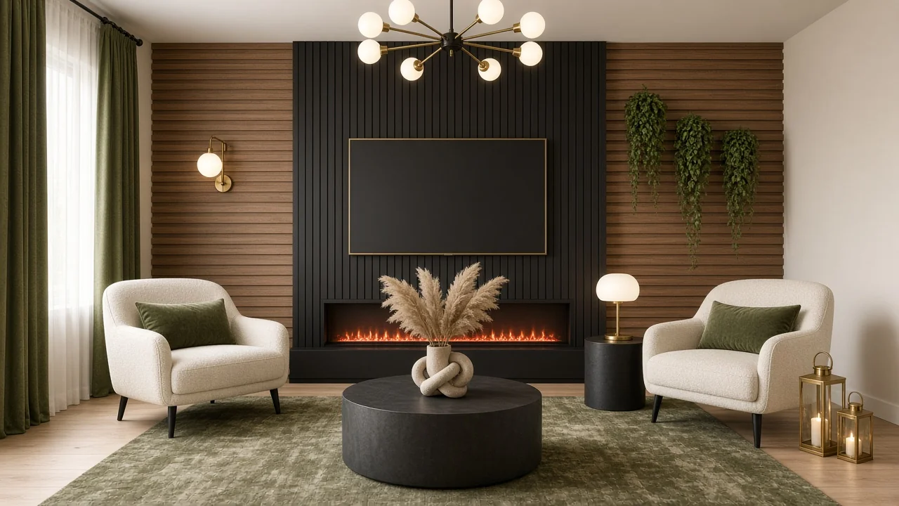 Design render: Organic Modern living area with media wall